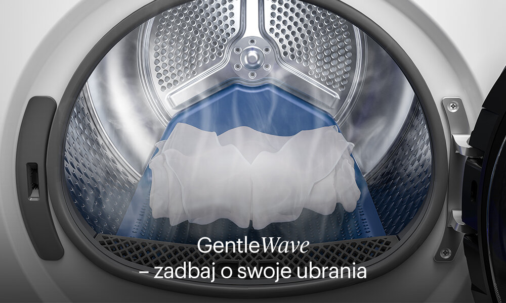 PRALKA GRUNDIG GW7P57415W Na grafice 8.jpg pokazano wnętrze bębna pralki z delikatnym, białym praniem unoszącym się na tle niebieskiej powierzchni, co sugeruje łagodny ruch wody. U dołu widnieje napis „GentleWave – zadbaj o swoje ubrania”, akcentujący delikatne traktowanie tkanin Funkcja GentleWave łagodny ruch wody falowy ruch skuteczne pranie ochrona tkanin przed zużyciem miękkie czyste trwałe ubrania