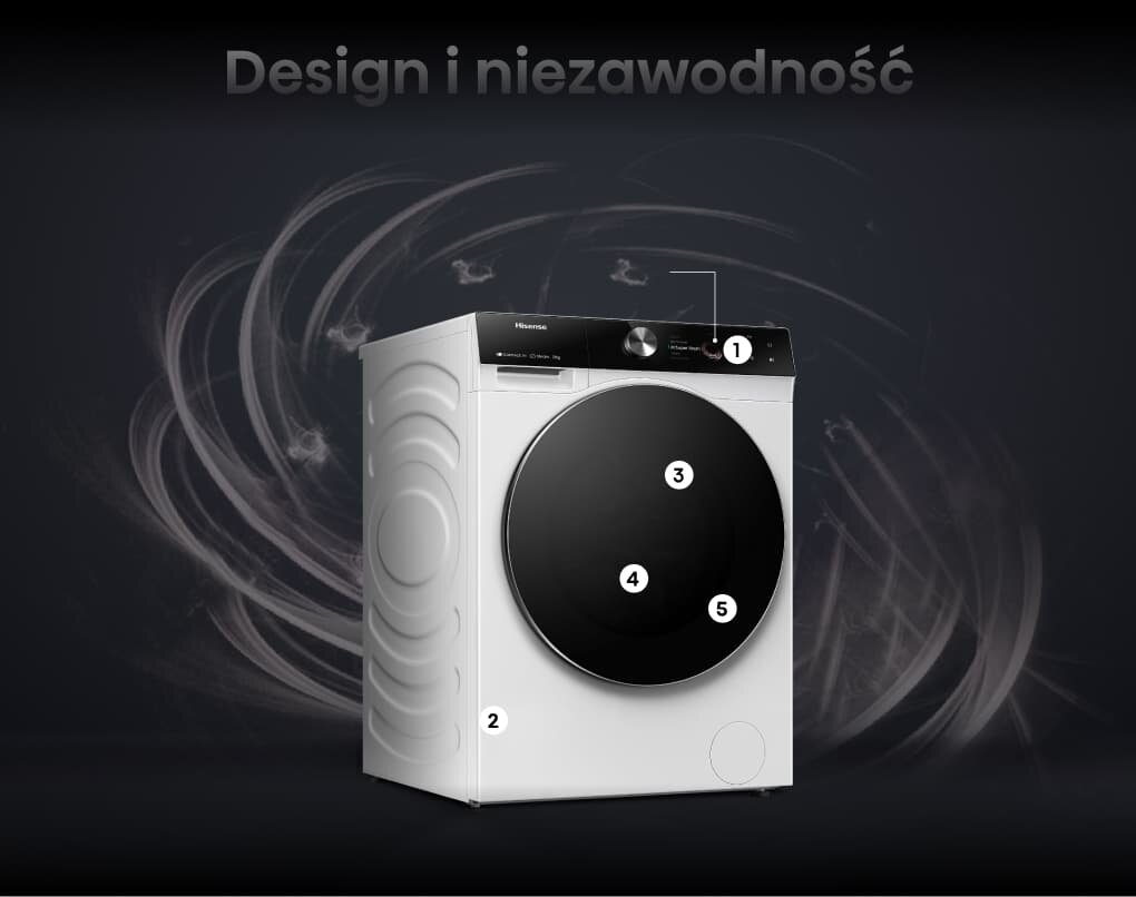 Obraz przedstawia białą pralkę z czarnym panelem sterowania i drzwiami. Na górze widoczny jest napis \'Design i niezawodność\'.