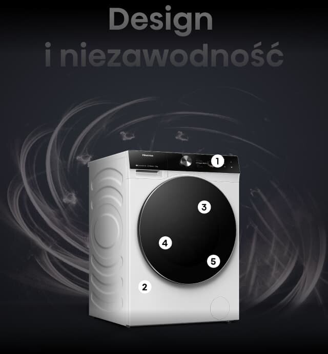 Obraz przedstawia białą pralkę z dużym, czarnym panelem przednim i okrągłym wyświetlaczem. W tle widoczny jest napis \'Design i niezawodność\'.