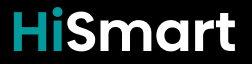 Logo z napisem \'HiSmart\' w kolorach turkusowym i białym na czarnym tle.