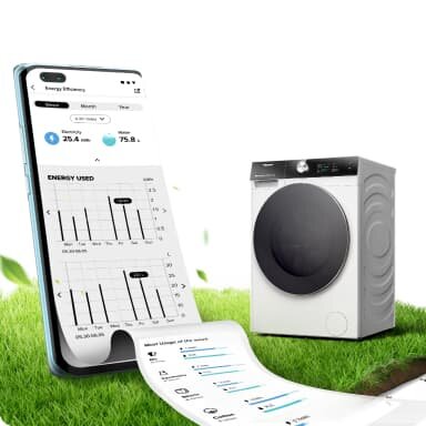 Obraz przedstawia pralkę o nowoczesnym designie oraz smartfon z wyświetlonymi wykresami zużycia energii. Pralka stoi na trawie, a na ekranie telefonu widoczne są dane dotyczące efektywności energetycznej.