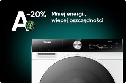 Obraz przedstawia fragment pralki z panelem sterowania i logo Hisense. Obok widnieje napis: \'A-20% Mniej energii, więcej oszczędności\'.