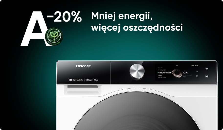 Obraz przedstawia górną część pralki z widocznym panelem sterowania i logo Hisense. Na tle znajduje się tekst: \'A-20% Mniej energii, więcej oszczędności\'.