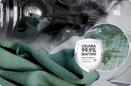 Obraz przedstawia wnętrze pralki z widocznymi ubraniami oraz parą. Na obrazie znajduje się okrągła ikona z napisem \'USUWA 99.9% BAKTERII\'.