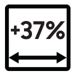 Więcej przestrzeni - nieduża ikonka - Samsung lodówka - Media Expert Ikona przedstawia kwadrat z symbolem strzałki poziomej na dole i napisem \'+37%\' na górze.