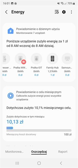 Trzeci screen z aplikacji SmartThings - Samsung lodówka - Media Expert Zrzut ekranu aplikacji pokazujący zużycie energii przez urządzenia. Widoczny jest tekst: \'Powiadomienie o dziennym użyciu\', \'Poniższe urządzenie zużyło energię za 1 zł od 8 AM wczoraj do 8 AM dzisiaj\', oraz \'Dotychczas zużyto 10,1% miesięcznego celu\'.