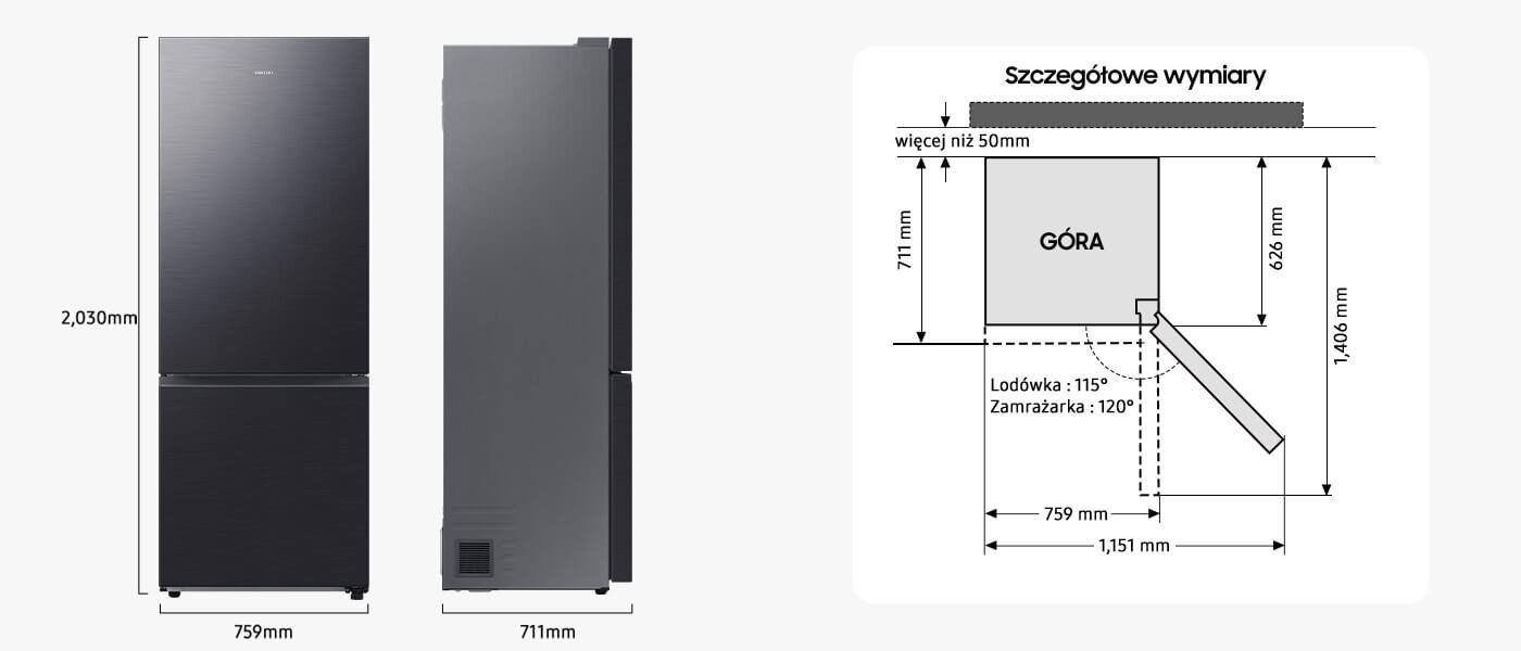 Wymiary - Samsung lodówka - Media Expert Obraz przedstawia lodówkę w kolorze grafitowej stali z wymiarami 2030 mm wysokości, 759 mm szerokości i 711 mm głębokości. Obok znajduje się schemat z napisem \'Szczegółowe wymiary\' pokazujący wymiary i kąt otwarcia drzwi lodówki i zamrażarki.