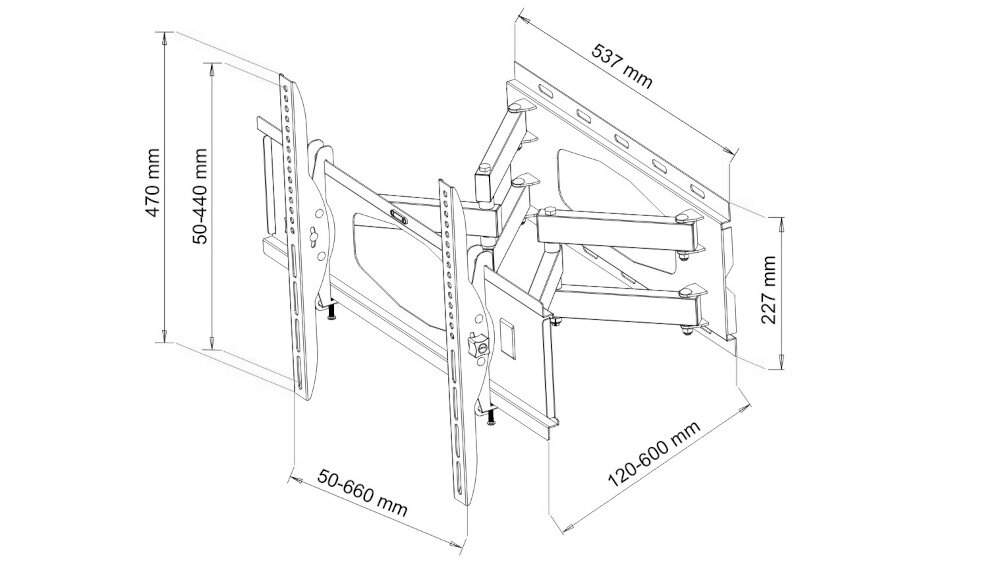 Rysunek techniczny uchwytu do TV z wymiarami: 470 mm wysokości, 537 mm szerokości, 227 mm głębokości, z regulacją od 50 do 440 mm oraz od 50 do 660 mm. Uchwyt posiada ramiona i otwory montażowe, a także możliwość regulacji od 120 do 600 mm.