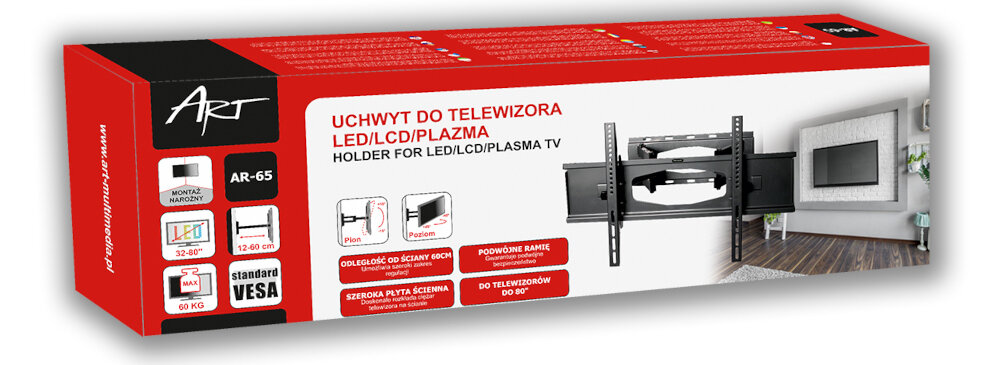 Opakowanie uchwytu do telewizora LED/LCD/Plazma AR-65 z logo ART, zawiera informacje o kompatybilności z telewizorami 32-80 cali i maksymalnym obciążeniu 60 kg. Widoczny jest obrazek przedstawiający zamontowany uchwyt oraz tekst: \'UCHWYT DO TELEWIZORA LED/LCD/PLAZMA HOLDER FOR LED/LCD/PLASMA TV\'.