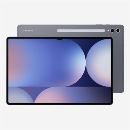 Tablet z dużym ekranem wyświetlający abstrakcyjną grafikę z okręgami w pastelowych kolorach. Na tylnej obudowie widoczne jest logo \'SAMSUNG\' oraz dwa obiektywy aparatu.