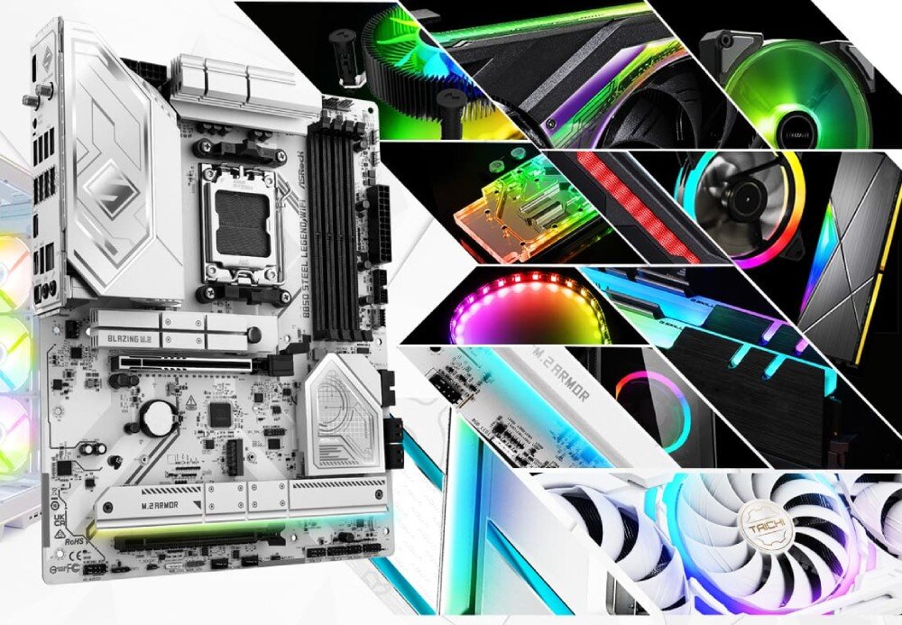 Obraz przedstawia płytę główną z oznaczeniami \'B550 Steel Legend\' oraz różne elementy komputerowe z podświetleniem RGB. Widoczne są także wentylatory i karty graficzne z kolorowymi efektami świetlnymi.