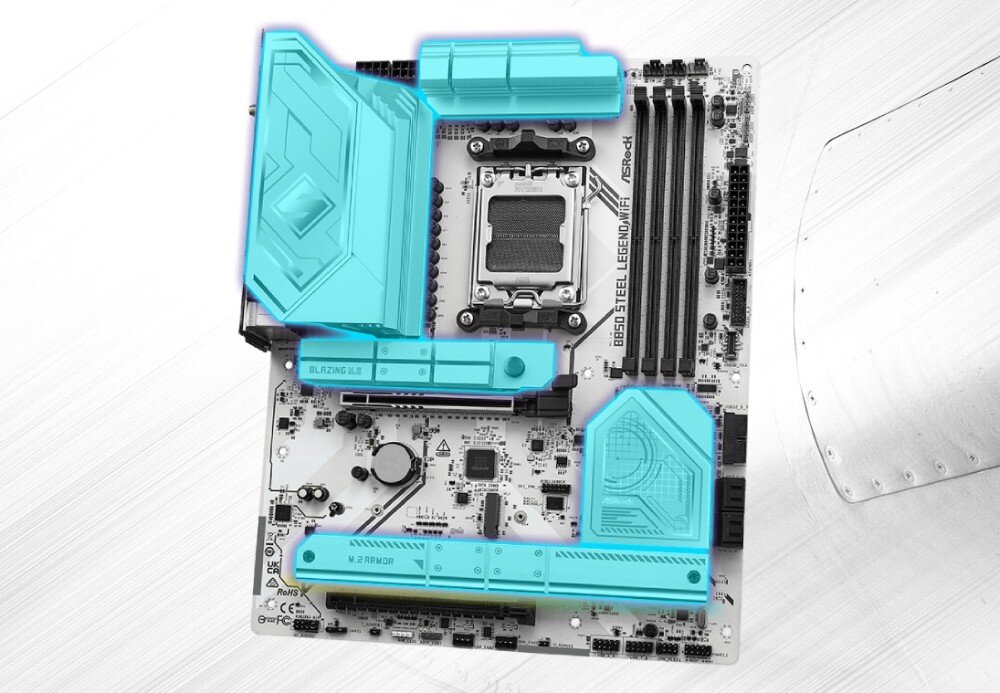 Na obrazie widoczna jest płyta główna z oznaczeniami \'B850 Steel Legend WiFi\' i \'ASRock\'. Kilka elementów płyty jest podświetlonych na niebiesko.
