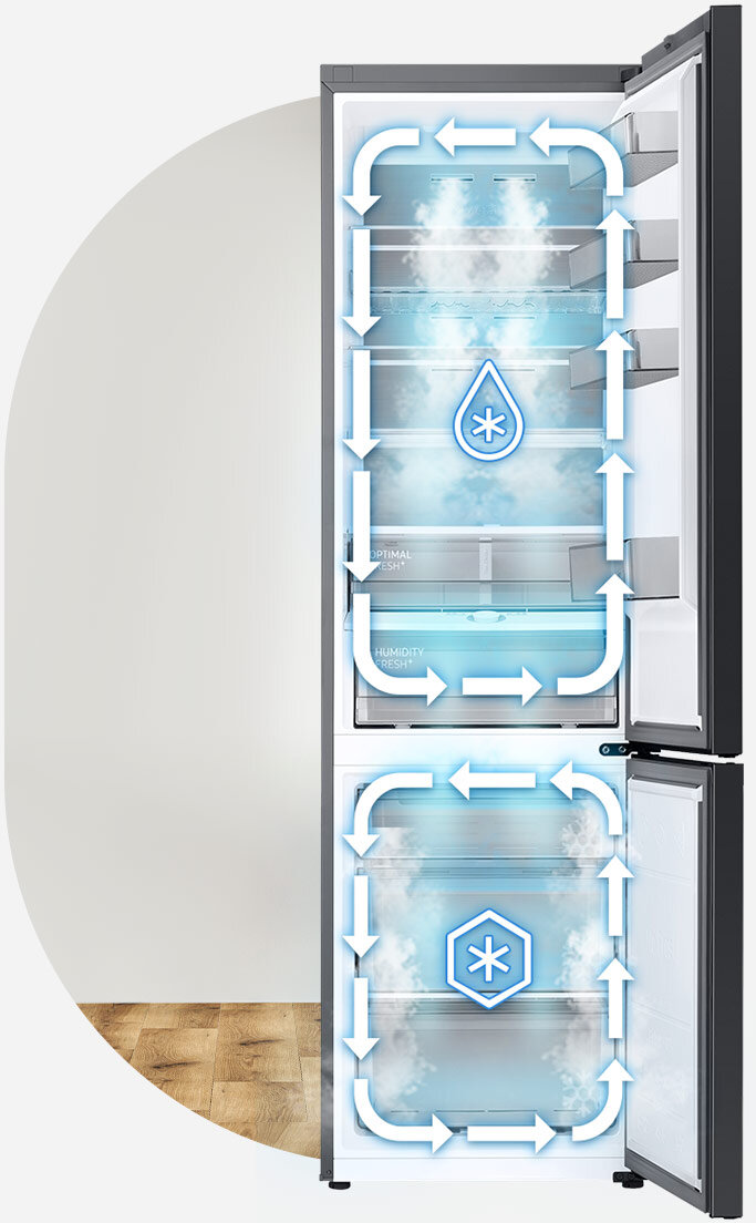Sposób działania podwójnego systemu chłodzenia Twin Cooling Plus został przedstawiony na grafice Obraz przedstawia otwartą lodówkę z widocznym systemem cyrkulacji powietrza oznaczonym strzałkami i symbolami kropli oraz płatka śniegu. Wnętrze lodówki jest podświetlone na niebiesko, a na drzwiach znajdują się półki.