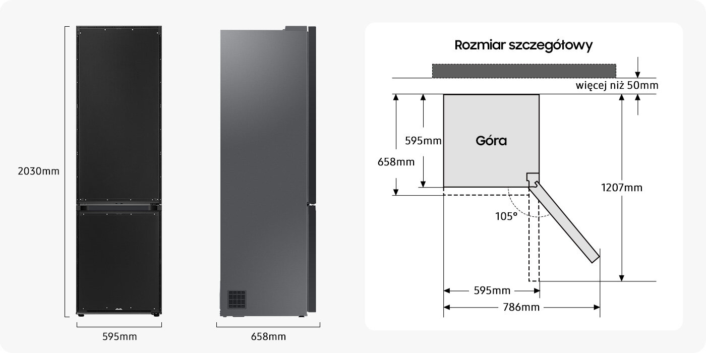 Zwymiarowane zdjęcie pokazuje gabaryty lodówki Samsung RB38C7B6BAP dostępnej w sieci sklepów Media Expert Obraz przedstawia lodówkę o wysokości 2030 mm i szerokości 595 mm, z widocznymi wymiarami szczegółowymi. Na schemacie po prawej stronie widnieje napis \'Rozmiar szczegółowy\' oraz oznaczenia wymiarów: 658 mm, 595 mm, 786 mm, 1207 mm i kąt 105 stopni.