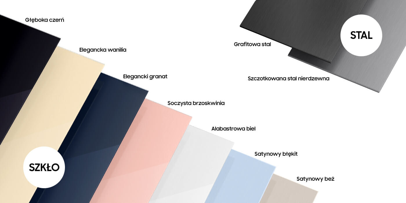 Grafika pokazuje dostępne wzory paneli drzwiowych dla lodówki Samsung RB38C7B6BAP Obraz przedstawia próbki kolorów i materiałów z podpisami: Głęboka czerń, Elegancka wanilia, Elegancki granat, Soczysta brzoskwinia, Alabastrowa biel, Satynowy błękit, Satynowy beż, Grafitowa stal, Szczotkowana stal nierdzewna. Po lewej stronie widnieje napis \'SZKŁO\', a po prawej \'STAL\'.