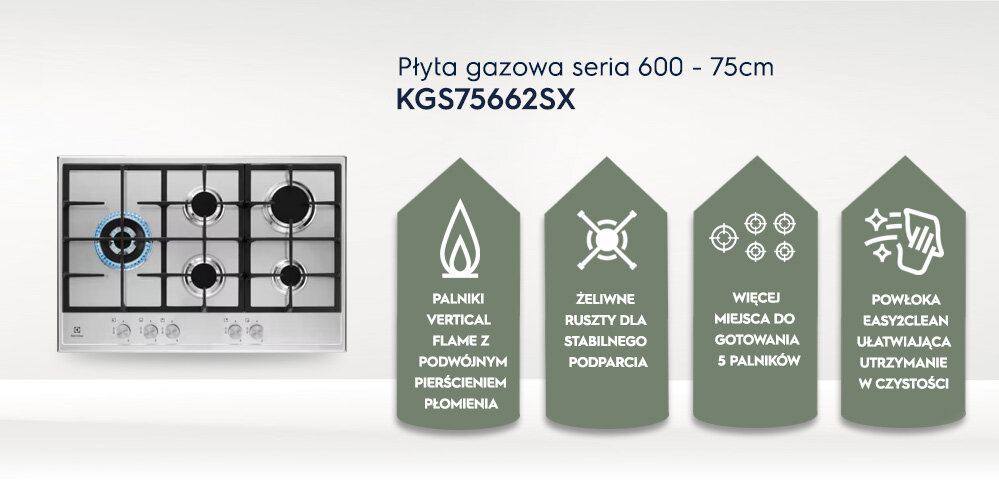 Obraz przedstawia płytę gazową z pięcioma palnikami oraz cztery ikony z opisami funkcji: \'PALNIKI VERTICAL FLAME Z PODWÓJNYM PIERŚCIENIEM PŁOMIENIA\', \'ŻELIWNE RUSZTY DLA STABILNEGO PODPARCIA\', \'WIĘCEJ MIEJSCA DO GOTOWANIA 5 PALNIKÓW\', \'POWŁOKA EASY2CLEAN UŁATWIAJĄCA UTRZYMANIE W CZYSTOŚCI\'.