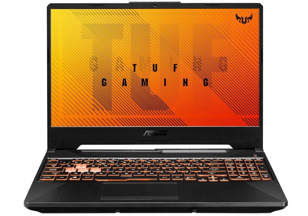 Laptop z ekranem wyświetlającym napis \'TUF GAMING\' na pomarańczowym tle z czarnymi liniami. Klawiatura podświetlana na pomarańczowo, logo ASUS widoczne poniżej ekranu.