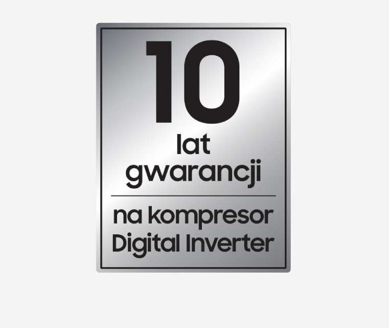 10-lat-gwarancji Obraz przedstawia srebrną plakietkę z napisem: \'10 lat gwarancji na kompresor Digital Inverter\'.
