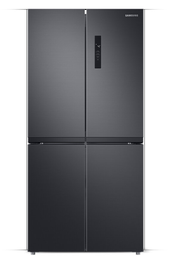 Ikonki obrazujące główne atuty lodówki Multidoor Samsung RF48A400EB4 Lodówka w kolorze grafitowej stali z czterema drzwiami i panelem sterowania na jednym z górnych drzwi. Widoczne logo \'SAMSUNG\'.