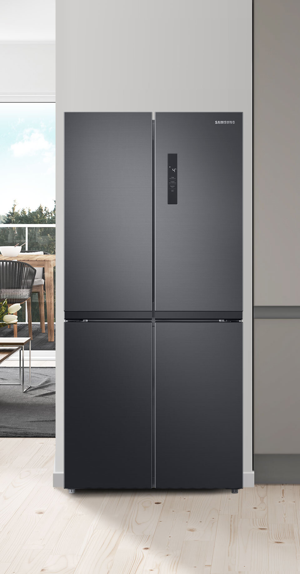 Lodówka Samsung RF48A400EB4 Multidoor dostępna w ofercie sklepów Media Expert - podsumowanie cech Grafitowa lodówka z czterema drzwiami, na jednym z nich widoczne jest logo \'SAMSUNG\'.