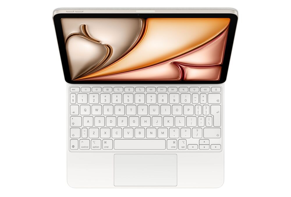 Biała klawiatura z etui na tablet, z widocznym ekranem wyświetlającym abstrakcyjny wzór w odcieniach beżu i brązu. Klawisze są w układzie QWERTY z dodatkowymi symbolami i literami.