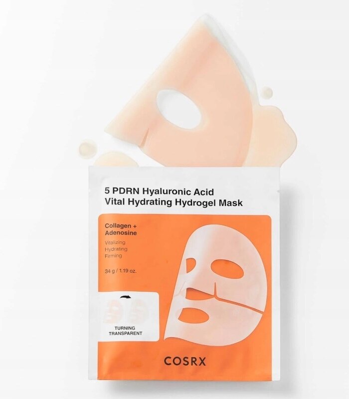 Opakowanie hydrożelowej maski COSRX z napisem \'5 PDRN Hyaluronic Acid Vital Hydrating Hydrogel Mask\'. Widoczna jest ilustracja maski oraz informacje o składnikach: \'Collagen + Adenosine\', \'Vitalizing\', \'Hydrating\', \'Firming\'.