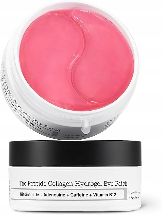 Na obrazie widoczny jest otwarty pojemnik z różowymi płatkami hydrożelowymi. Na etykiecie pojemnika znajduje się tekst: \'The Peptide Collagen Hydrogel Eye Patch Niacinamide + Adenosine + Caffeine + Vitamin B12\'.