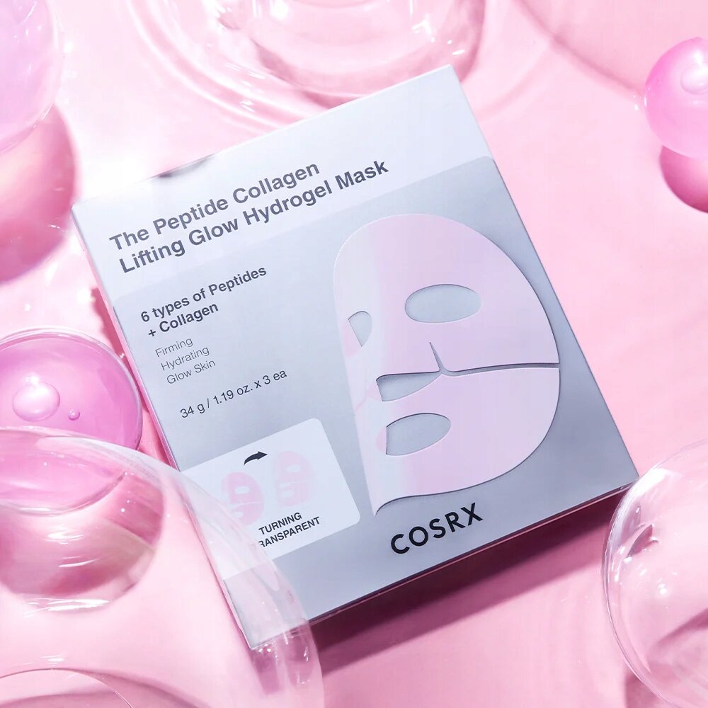 Opakowanie produktu z napisem \'The Peptide Collagen Lifting Glow Hydrogel Mask\' oraz logo COSRX. Widoczna ilustracja maski i informacje o składnikach: \'6 types of Peptides + Collagen\'.