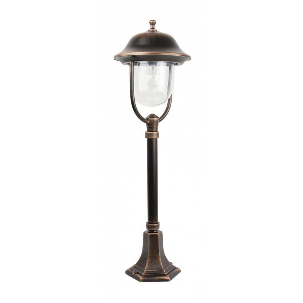 Lampa stojąca zewnętrzna o miedzianym, patynowanym wykończeniu z przezroczystym kloszem. Posiada solidną podstawę i klasyczny design.