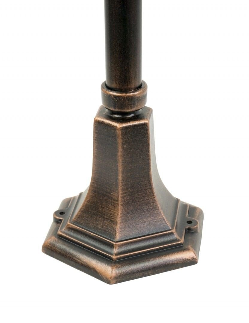 Podstawa lampy zewnętrznej w stylu retro, wykonana z metalu w kolorze patyny miedzi, z sześciokątną podstawą i ozdobnymi detalami.