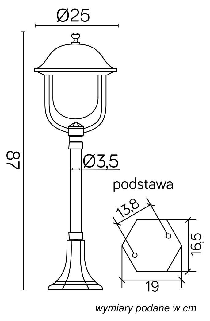 Schemat lampy stojącej zewnętrznej z wymiarami: wysokość 87 cm, średnica klosza 25 cm, średnica słupka 3,5 cm. Podstawa ma kształt sześciokąta o wymiarach 13,8 cm i 16,5 cm, szerokość 19 cm; wymiary podane w cm.