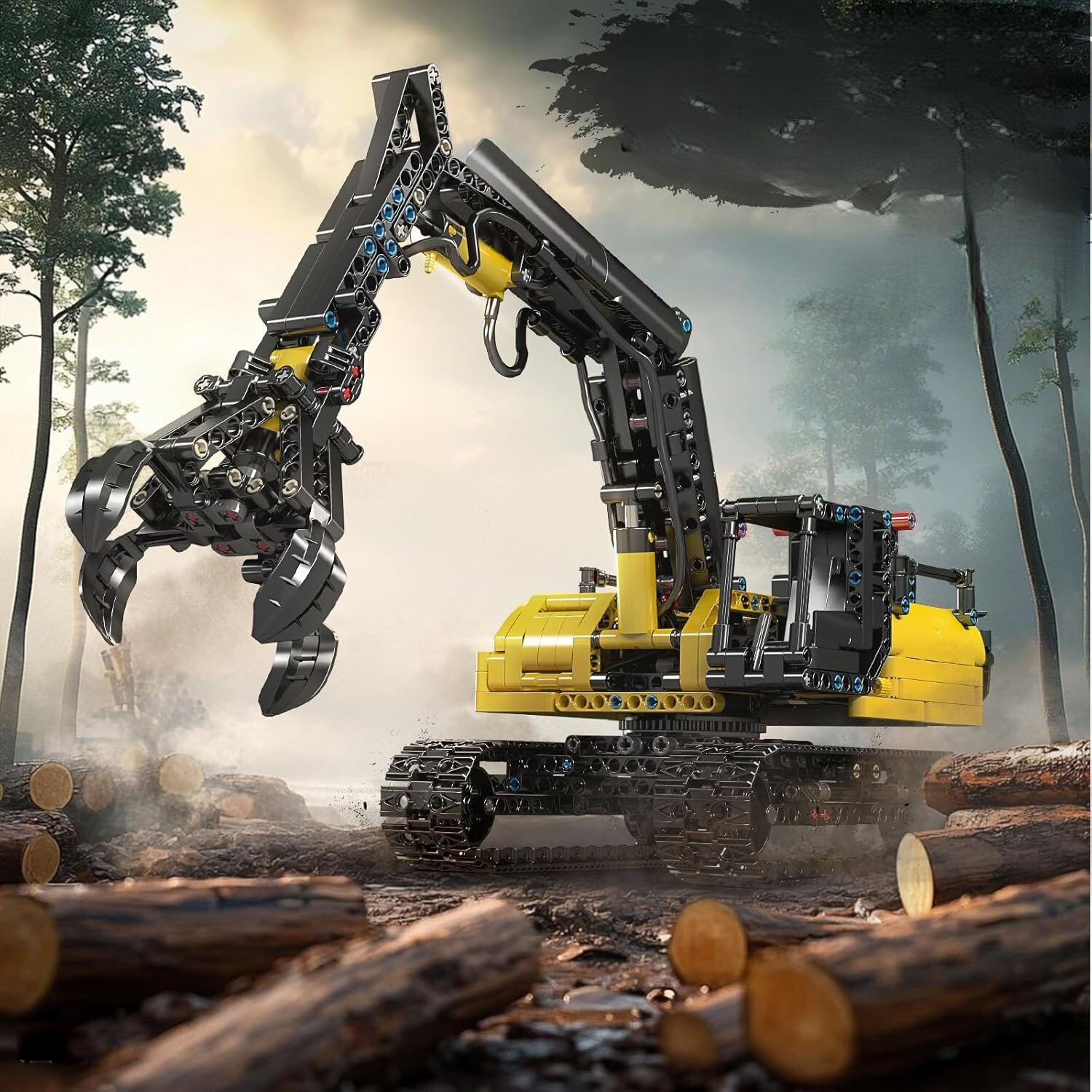 Model z klocków przedstawiający żółto-czarny hydrauliczny chwytak na tle lasu z pniami drzew. Konstrukcja ma ruchome elementy i gąsienice.