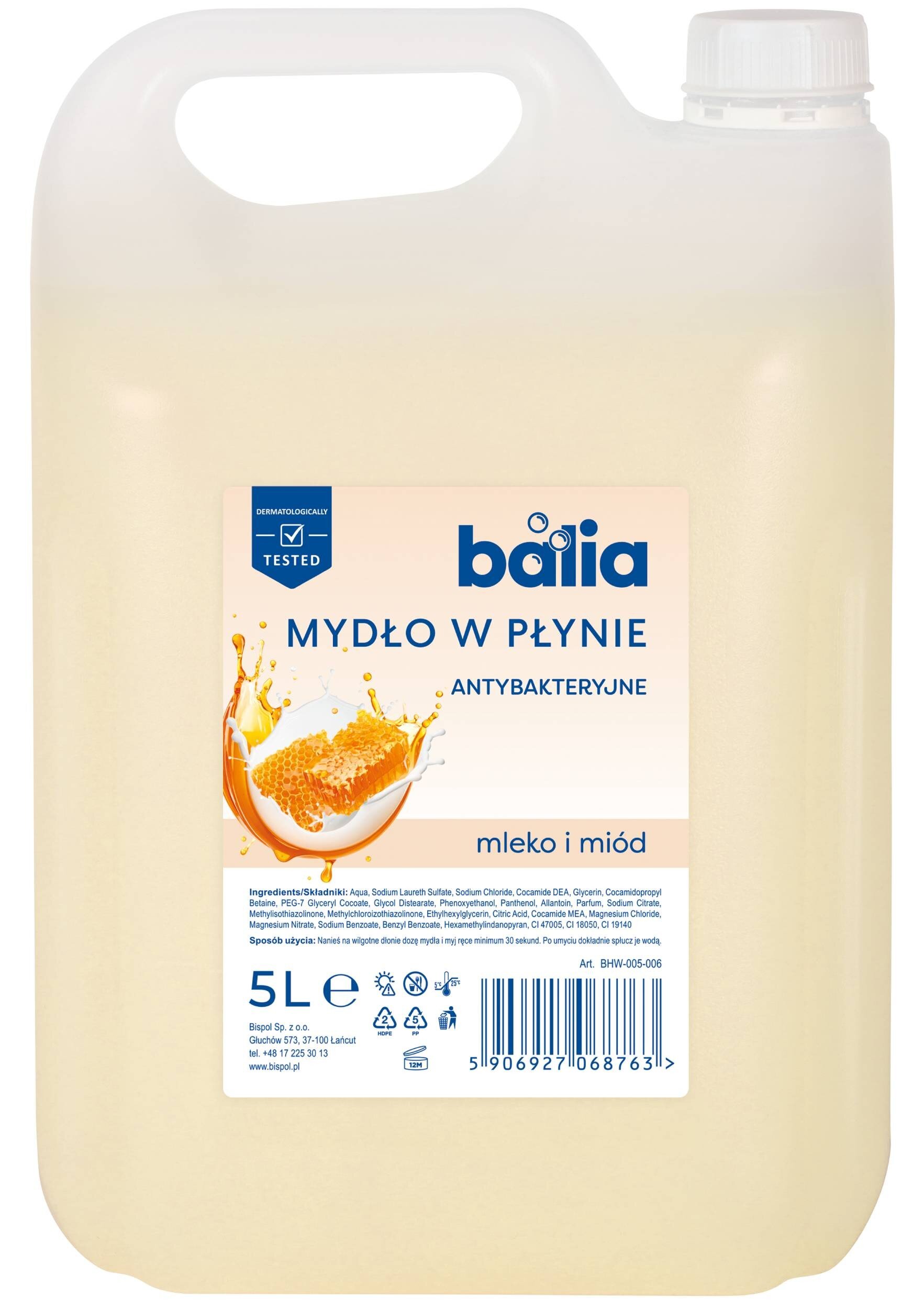 Duży pojemnik z płynem, na etykiecie napis \'balia MYDŁO W PŁYNIE ANTYBAKTERYJNE mleko i miód\'.