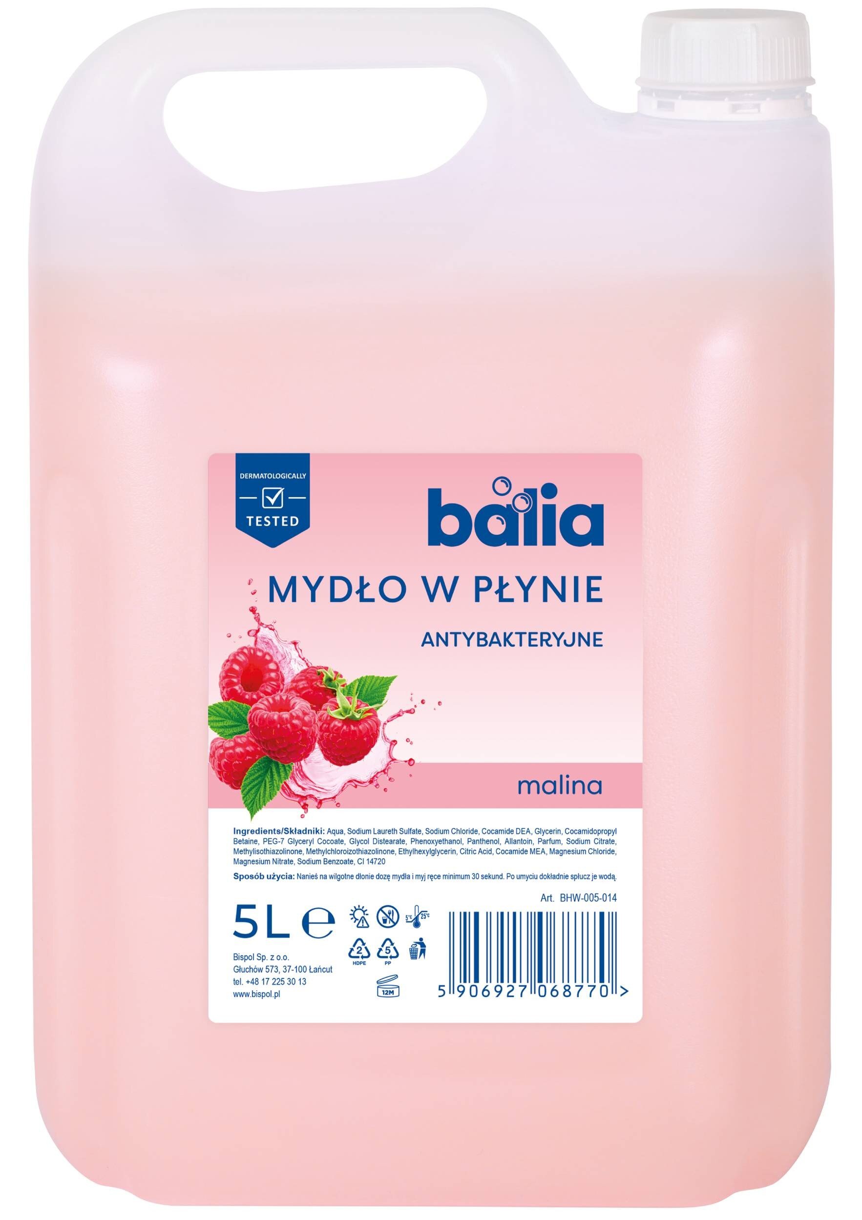 Różowy kanister z etykietą przedstawiającą maliny i napisem \'balia MYDŁO W PŁYNIE ANTYBAKTERYJNE malina\'. Pojemność 5L, widoczne logo \'balia\' oraz kod kreskowy.