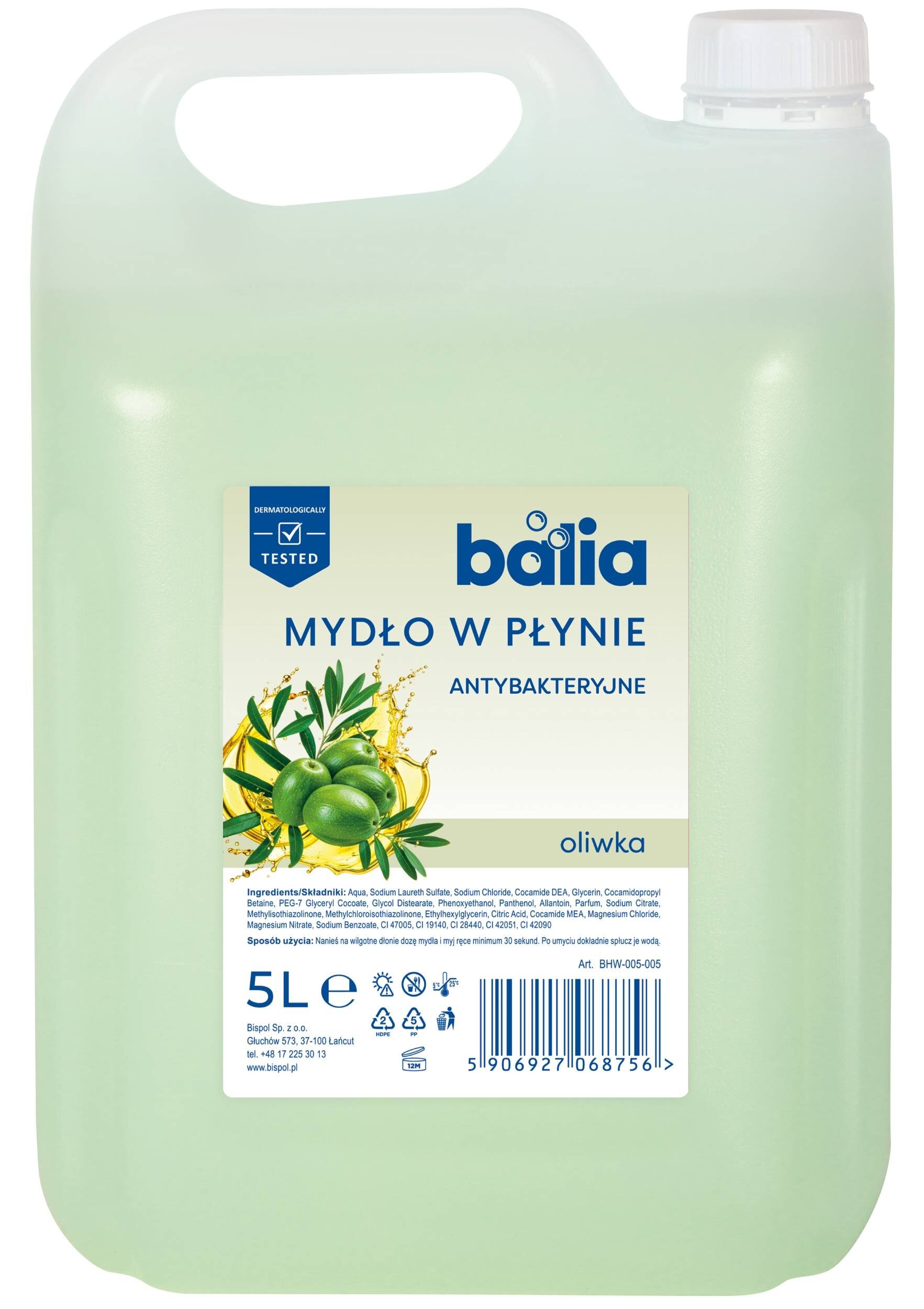 Zdjęcie przedstawia zielony kanister z etykietą \'balia MYDŁO W PŁYNIE ANTYBAKTERYJNE oliwka\' o pojemności 5 litrów. Na etykiecie widoczne są oliwki oraz informacje o składnikach i kod kreskowy.