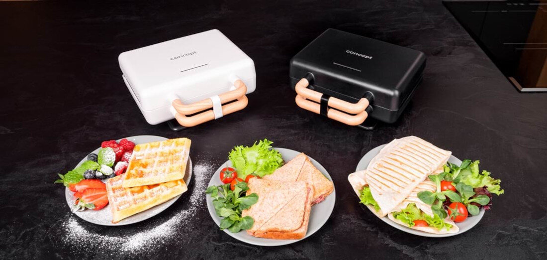 Opiekacz CONCEPT 3w1 SV3091 Czarny zdjęcie lifestyle Tosty, gofry i panini tosty trójkątne, puszyste gofry lub grillowane panini i kanapk