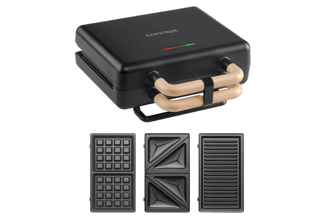 Opiekacz CONCEPT 3w1 SV3091 Czarny zdjęcie lifestyle Prosta wymiana płyt Trzy zestawy wymiennych płyt Powierzchnia płyt o wymiarach 22,5 × 13 cm
