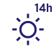 Ikona przedstawia symbol słońca z liczbą \'14h\' w prawym górnym rogu. Kolor ikony to ciemny niebieski na przezroczystym tle.