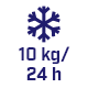 Ikona przedstawia niebieski symbol płatka śniegu z tekstem \'10 kg/24 h\' poniżej.