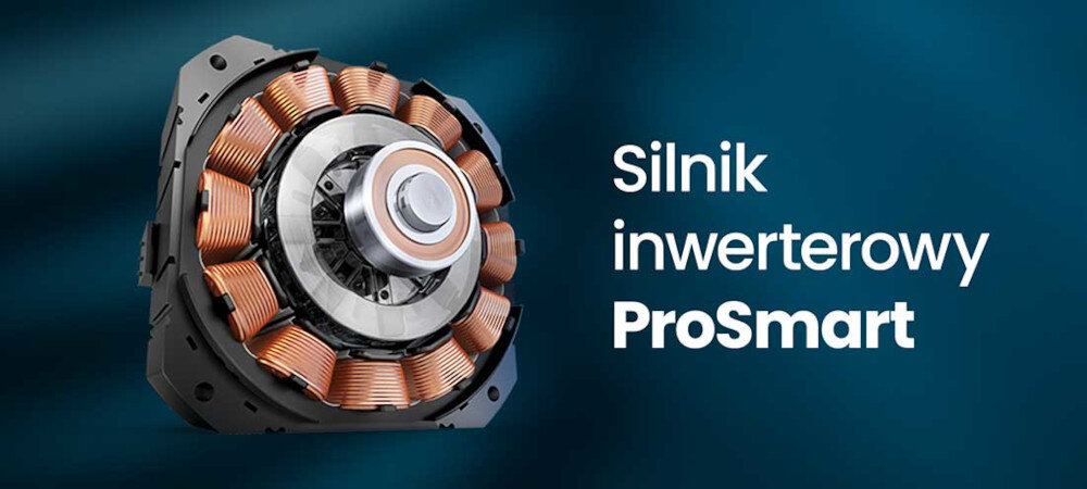 Obraz przedstawia silnik z miedzianymi zwojami na ciemnym tle. Obok widoczny jest tekst: \'Silnik inwerterowy ProSmart\'.