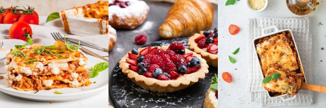 Trzy zdjęcia przedstawiające różne potrawy: lasagne na białym talerzu z pomidorami w tle, tarta z owocami leżąca obok rogalika oraz zapiekanka w prostokątnym naczyniu z widocznymi kawałkami pomidora i ziół.