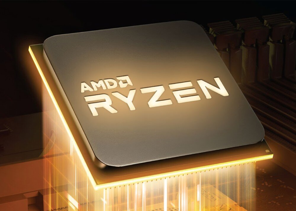 Komputer XQUANTUM XQR7R32S512GB-XA43WP Grafika przedstawia procesor AMD Ryzen, który jest ukazany z perspektywy od góry i z boku. Srebrna, metalowa obudowa podzespołu ma wygrawerowany jasny napis 'AMD RYZEN'. Od jego dolnej części rozchodzi się pomarańczowo-żółte światło, procesor, rdzenie, pobór energii, architektura