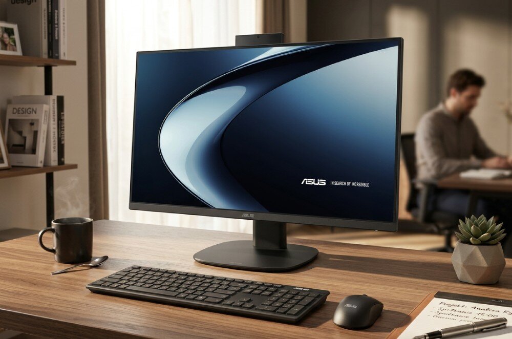 Komputer All in One ASUS V470VAK-BPE108W Monitor na drewnianym biurku z klawiaturą, myszką i kubkiem, w tle siedzi pracująca osoba
