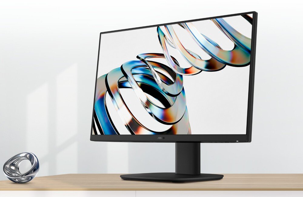 Komputer All in One ASUS V470VAK-BPE108W Urządzenie stojące na biurku, na ekranie wyświetla się abstrakcyjna grafika w kształcie trójwymiarowej spirali