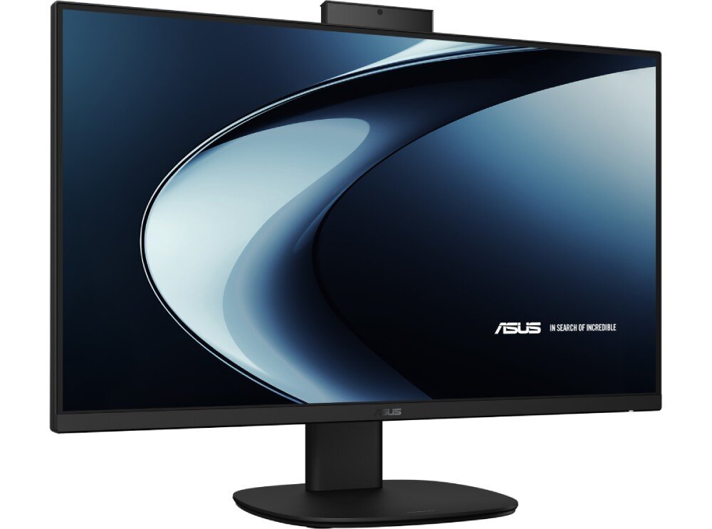 Komputer All in One ASUS V470VAK-BPE108W Widok na monitor pod kątem, na górnej ramce zamontowana jest kamera internetowa, na ekranie widać domyślną tapetę