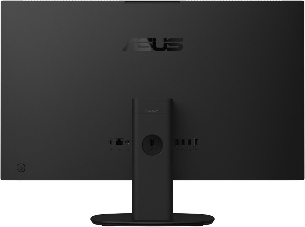 Komputer All in One ASUS V470VAK-BPE108W Tył obudowy z podstawą, widoczne są gniazda i porty umieszczone w rzędzie oraz logo producenta na środku
