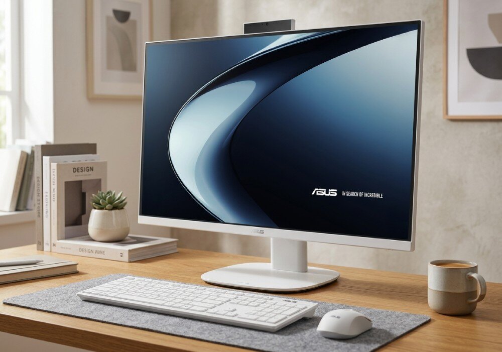 Komputer All in One ASUS V470VAT-WPF064W Monitor na drewnianym biurku z klawiaturą, myszką i kubkiem, w tle siedzi pracująca osoba