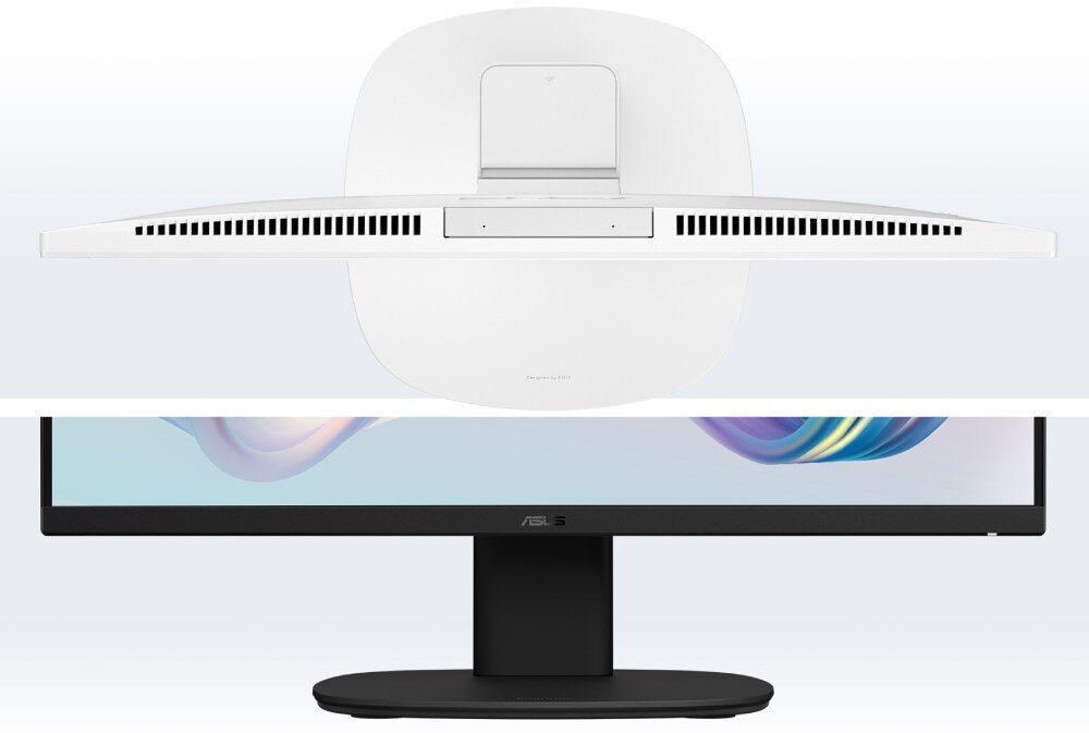 Komputer All in One ASUS V470VAT-WPF064W Zestawienie ujęć urządzenia, u góry widok górnej krawędzi z otworami wentylacyjnymi, na dole widok z przodu