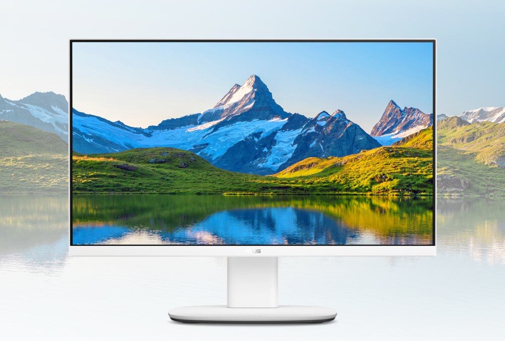 Komputer All in One ASUS V470VAT-WPF064W Ekran monitora wyświetlający krajobraz z górami i spokojnym jeziorem na pierwszym planie