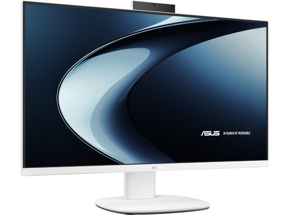 Komputer All in One ASUS V470VAT-WPF064W Widok na monitor pod kątem, na górnej ramce zamontowana jest kamera internetowa, na ekranie widać domyślną tapetę